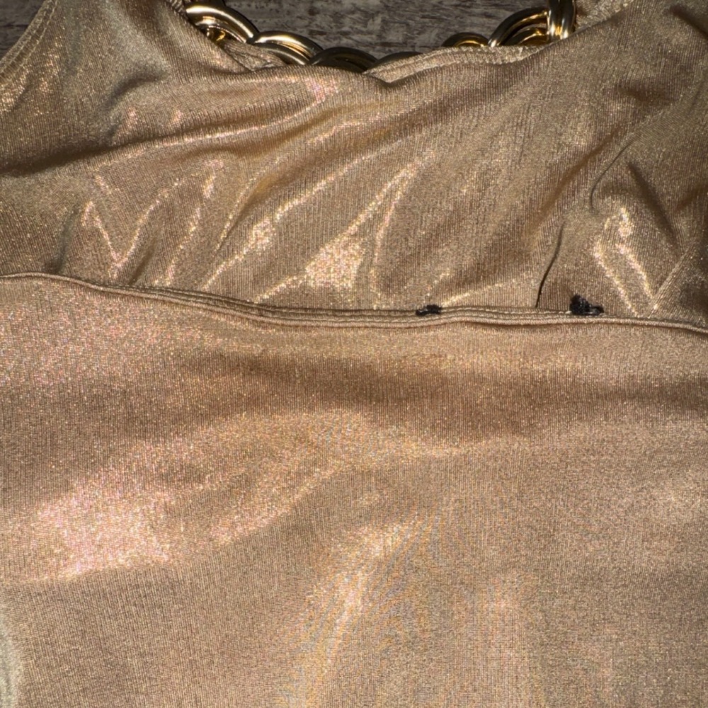 Vintage Bebe Gold Metallic Halter Mini Dress Y2K Chain Neck  S - Picture 6 of 7